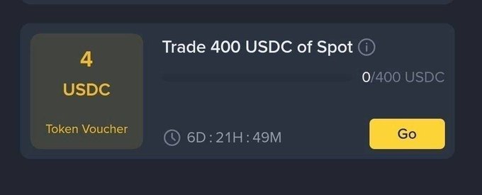 A Binance task card offering a 4 USDC token voucher for completing 400 USDC of spot trading, currently showing 0/400 USDC progress with 6 days, 21 hours, and 49 minutes remaining, and a yellow "Go" button to start.