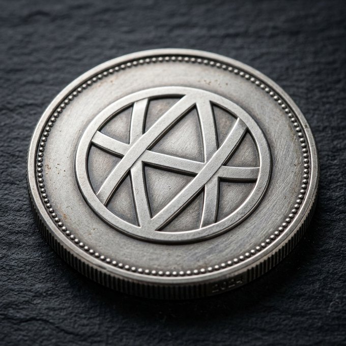 A close-up of a silver-colored coin featuring a geometric symbol enclosed in a circle, resting on a dark, textured surface.