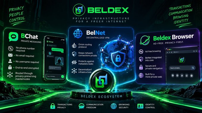 An advertisement for the Beldex ecosystem showcases three privacy-focused products: BChat (private messaging), BelNet (decentralized VPN), and Beldex Browser (ad-free privacy-first), with the slogan 'Privacy Infrastructure For a Freer Internet'.