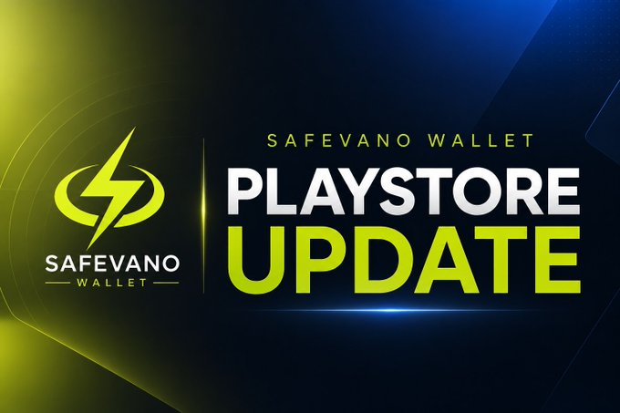 A sleek promotional graphic for "Safevano Wallet" featuring a bold lightning bolt logo on a dark blue and neon yellow background, announcing a "PLAYSTORE UPDATE." The image directly reinforces the post's message by visually highlighting the long-awaited release of Safevano Wallet's update on the Google Play Store.