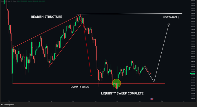 The image displays a Bitcoin (BTC) candlestick chart on TradingView annotated with red trendlines showing a bearish structure, where a liquidity sweep below the $60K support zone has been completed (highlighted by a green circle), and the projected "Next Target" arrow indicates potential upward movement toward higher price levels.
