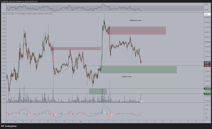 A TradingView chart of Bitcoin (Bitcoin/USD) on Coinbase with marked support and resistance zones, where the price is testing the $78,000 support area with potential downside toward $74,000. The chart displays a resistance zone near $80,000-$82,000 and a support zone around $76,000-$78,000, visually supporting the post's analysis of a critical support test.