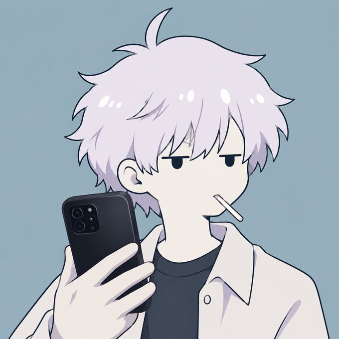 An anime-style illustration of a boy with messy white hair looking at his black smartphone, with a stick (like a Pocky) in his mouth.