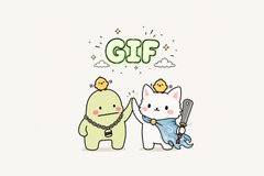 A cute illustration of green and white cartoon characters with a speech bubble saying 'GIF' against a white background.