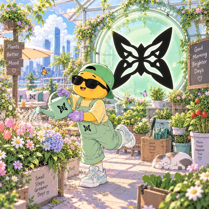 A vibrant illustration of a cheerful yellow cartoon character wearing green overalls, a backwards cap, and sunglasses, watering plants in a sunny greenhouse setting with a large black butterfly emblem in the background.