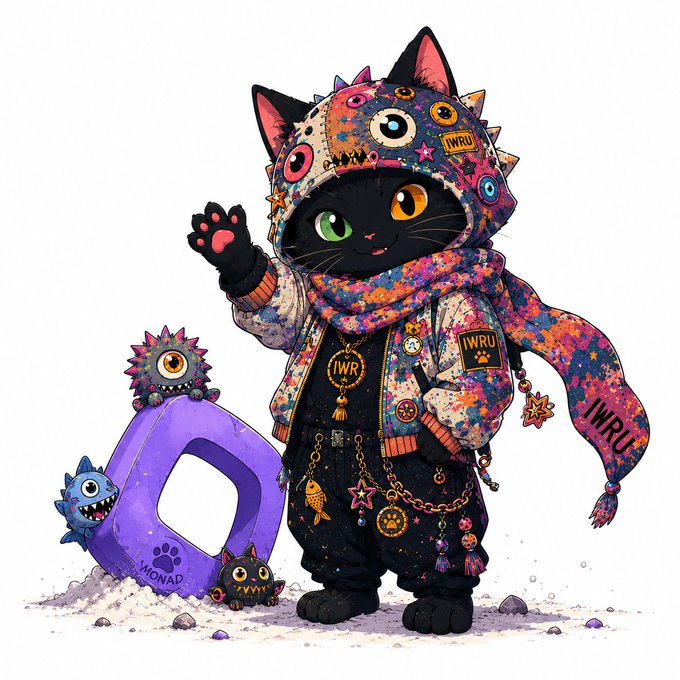 An illustration of a black cat wearing a colorful 'IWRU' branded hoodie and scarf, waving, with small monster-like creatures beside a purple WONAD logo.