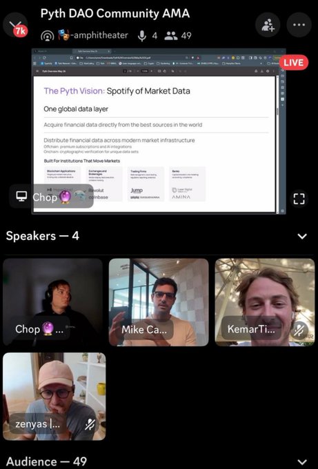 The image shows a screenshot from a Facebook meeting called "PythDAO Community AMA" featuring four speakers on the screen, with one of them displaying their face. The caption provided for this screenshot reads: "This might have been the best AMA I've ever attended - 1.5 hours of pure, distilled alpha mixed with the community shenanigans - where Pyth is headed - the future of the Pyth DAO - plans for community growth - Elite meme material graciously provided by @KemarTiti Imagine not". The post suggests that the speaker named "Pyth" might have an interesting perspective or topic to discuss.