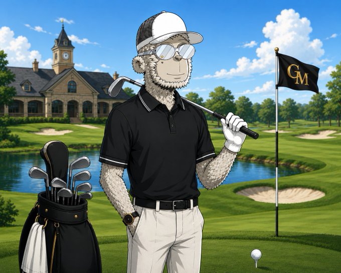 An illustration depicts an anthropomorphic furry character wearing a black polo shirt, white cap, and sunglasses, holding a golf club on a golf course with a flag marked 'GM'.