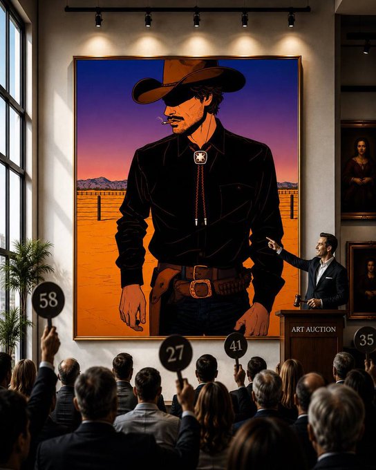 An illustration depicting an art auction scene where a large, stylized painting of a cowboy in a black shirt and hat dominates the wall. An auctioneer stands at a podium labeled 'ART AUCTION' while attendees hold up bidding paddles with numbers like 58, 27, 41, and 35.