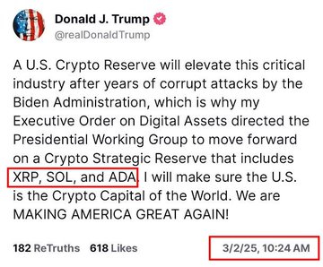 The image shows a March 2, 2025 Truth Social post from Donald J. Trump (@realDonaldTrump) announcing the creation of a U.S. Crypto Strategic Reserve that includes XRP, SOL, and ADA, framing the move as a corrective measure against Biden-era policies. This post provides direct support to the caption's claim, as it is the very announcement that preceded BlackRock's entry into the crypto space approximately 12 days later.