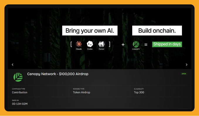 A promotional banner for Canopy Network advertising a $100,000 Token Airdrop with the text 'Bring your own AI. Build onchain.' and noting it is 'Shipped in days' with logos for Claude, Codex, and Cursor.