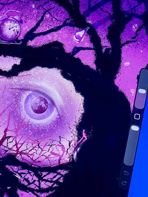A dark, surreal digital artwork features a large purple eye, a cracked face, a melting clock, and falling water drops against a deep purple background.