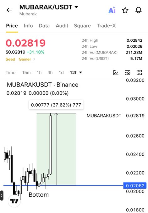 A Binance trading chart for MUBARAK/USDT shows the token priced at $0.02819, up 31.18%, with a "Gainer" label and a +37.62% rally highlighted, supporting the post's claim about Mubarak being a top gainer, while a blue support line at $0.02062 marked "Bottom" hints at the projected bullish setup being compared to Bera.