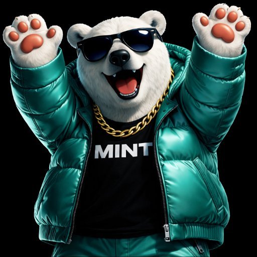A stylized illustration of a white polar bear mascot wearing sunglasses, a gold chain, a 'MINT' shirt, and a teal puffer jacket.