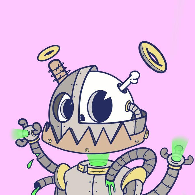 A cartoon robot wearing a brown and white outfit, with a large head adorned with gold rings and two eyes that glowed like flames. The robot's arms are extended outwards and fingers pointing downwards towards its feet. Below the image of the robot, there is text that says " Huge 1 of 1 sale by @fintechjunkie Huge 1 of !"