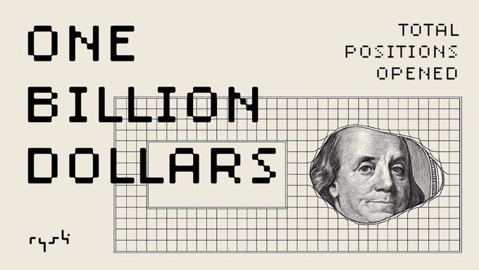 A pixelated graphic announces "ONE BILLION DOLLARS" alongside "TOTAL POSITIONS OPENED" and an illustration of a $100 bill featuring Benjamin Franklin, celebrating Rysk's milestone of surpassing $1 billion in total positions opened.