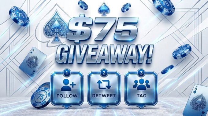 The image features an advertisement for a poker game, where a $75 gift card giveaway is being advertised. The background of the ad is blue with white geometric shapes scattered throughout, giving off a modern and futuristic vibe. The text on the advertisement reads "75$ GIVEAWAY!" followed by three different buttons labeled "Follow", "Retweet", and "Tag", along with additional text such as "1 Winner Follow @WinifyGG & @NexorBonuses Retweet Tag 1 7 days". There are also blue poker chips falling from the top right corner. The main focus is on the advertisement, making sure it captures attention by showcasing the $75 gift card and inviting viewers to take part in the giveaway with these buttons.