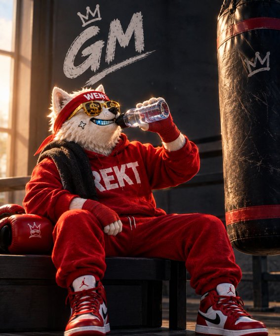 A stylized image of a dog character dressed in red streetwear, including a "WEN" headband and "REKT" hoodie, drinking from a water bottle next to a punching bag with "GM" graffiti on the wall.