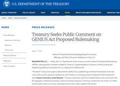 Screenshot of a U.S. Department of the Treasury press release webpage with the headline "Treasury Seeks Public Comment on GENIUS Act Proposed Rulemaking."
