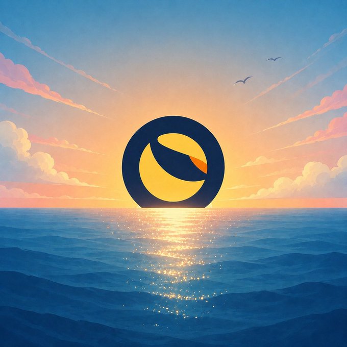 A digital illustration of a circular logo with a yellow crescent shape and an orange accent set against a serene seascape at sunset, with golden light reflecting on the water and birds flying in the pastel sky.