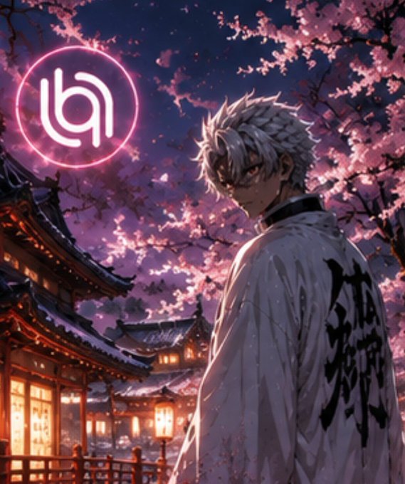 An anime-style character with silver hair stands in a kimono against a backdrop of cherry blossoms and a traditional Japanese pagoda at night, with a pink neon circular logo displayed in the upper left. The image stylistically represents the cross-chain bridging theme of the post about Allbridge, symbolizing connection between separate blockchain "worlds" (here depicted as different architectural realms) through a unified, glowing emblem.