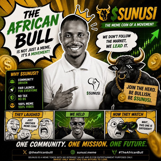 A promotional graphic for the $SUNUSI meme coin, titled "The African Bull," featuring a smiling man wearing a shirt branded with $SUNUSI, alongside a muscular black bull mascot and the tagline "We don't follow the market, we lead it." The image lists reasons to invest (community-driven, fair launch, no tax, 100% meme) and includes a comic strip depicting the coin's journey from being dismissed to being watched, ending with "One Community. One Mission. One Future," which aligns with the accompanying post's call to repost and invest in the token.