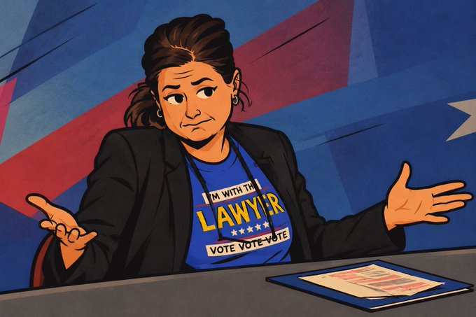 A cartoon illustration of a confused-looking woman sitting at a desk with her hands raised in a shrugging gesture, wearing a blue t-shirt that reads 'I'M WITH THE LAWY'R VOTE VOTE VOTE' under a black blazer, against a background of red, white, and blue colors.