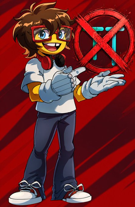 An animated character with brown hair, glasses, and red headphones wears a white shirt and jeans, posing in front of a red background featuring a crossed-out pi (π) symbol.