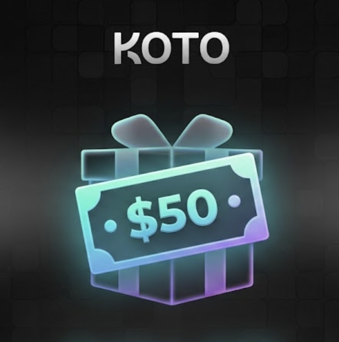 A neon-lit gift box displaying "$50" sits beneath the "KOTO" logo on a dark grid background, visually promoting the $50 USDT giveaway mentioned in the accompanying post for the Koto Trade social trading platform.