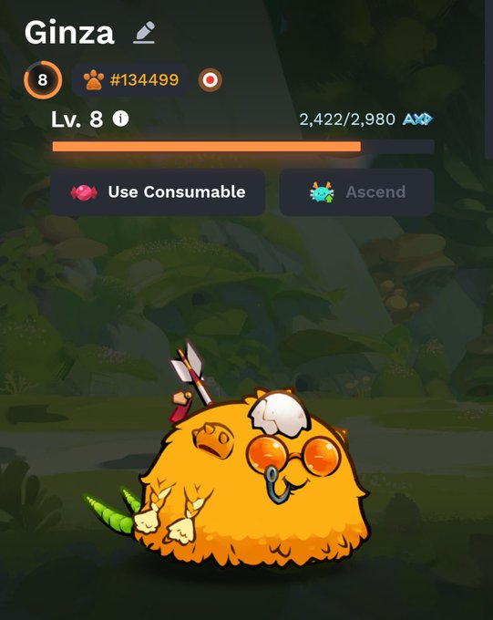 A mobile game screen shows a character named "Ginza" at Level 8, with stats 2,422/2,980 AX displayed above an orange, fluffy creature holding glasses and a fried egg.