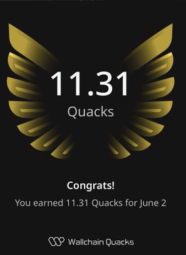 The image shows a picture of a gold logo with wings on it. The logo features text that reads "11.31 Quacks" and "Congratulations! You earned 11.31 Quacks for June 2." This suggests that the user has successfully earned 10.31 Quacks as a reward, possibly by participating in a contest or meeting some other requirement related to their use of Wallchain Quackers. The post also mentions that the users are part of a community and encourages them to focus on building trust and consistency over time.