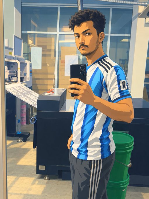 An illustrated young man with curly dark hair and a mustache stands in a workshop or garage, taking a mirror selfie with a smartphone while wearing a blue and white striped sports jersey.