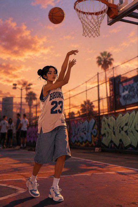 An anime-style illustration depicts a girl in a 'BRONX 23' jersey shooting a basketball at sunset on an outdoor court.