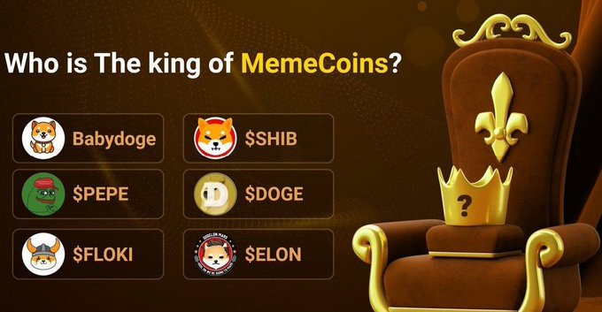 A meme coin promotional graphic asking 'Who is The king of MemeCoins?' featuring six tokens (Babydoge, $SHIB, $PEPE, $DOGE, $FLOKI, $ELON) alongside a golden throne with a crown and fleur-de-lis design.