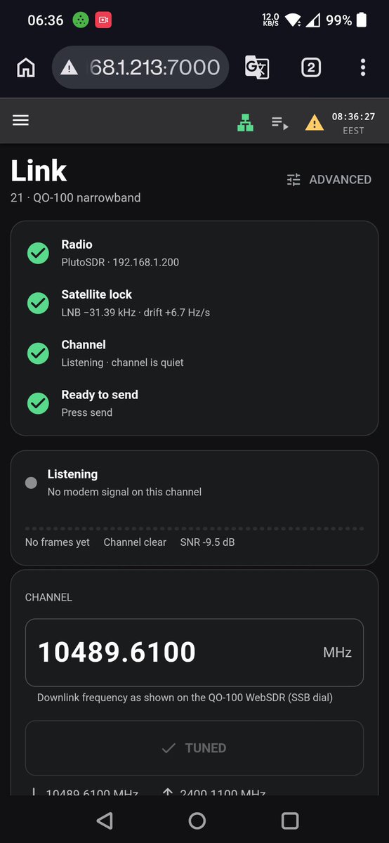 A mobile app interface titled 'Link' shows settings for QO-100 narrowband on channel 21, with green checkmarks indicating 'Radio', 'Satellite lock', 'Channel', and 'Ready to send' are active, and a tuned frequency of 10489.6100 MHz.