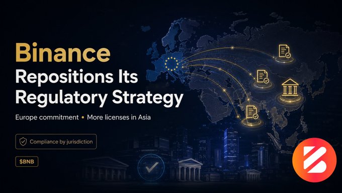 A graphic with a dark world map background featuring the headline 'Binance Repositions Its Regulatory Strategy' with subtext 'Europe commitment • More licenses in Asia' and a large Binance logo in the bottom right corner.