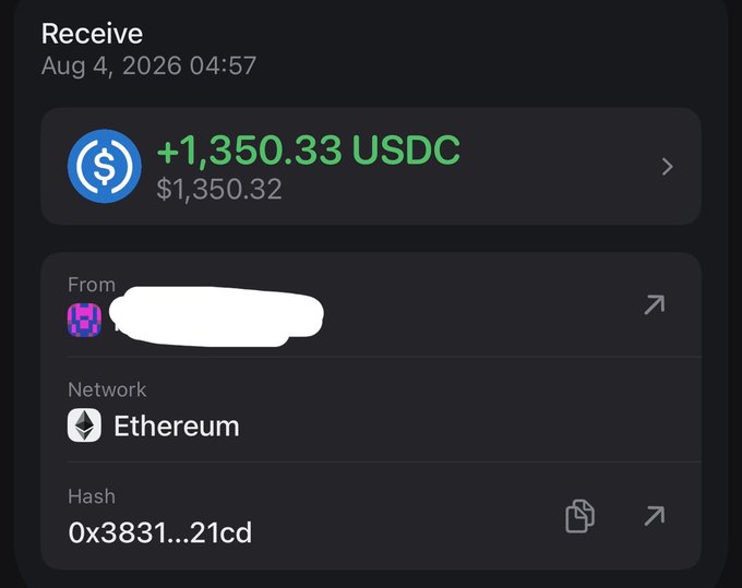 A dark-themed crypto wallet "Receive" notification dated Aug 4, 2026 showing an incoming transaction of +1,350.33 USDC ($1,350.32) from an unnamed sender via the Ethereum network with hash 0x3831...21cd, illustrating the poster's claim of reaching four figures (~$1,350) in earnings through web3.