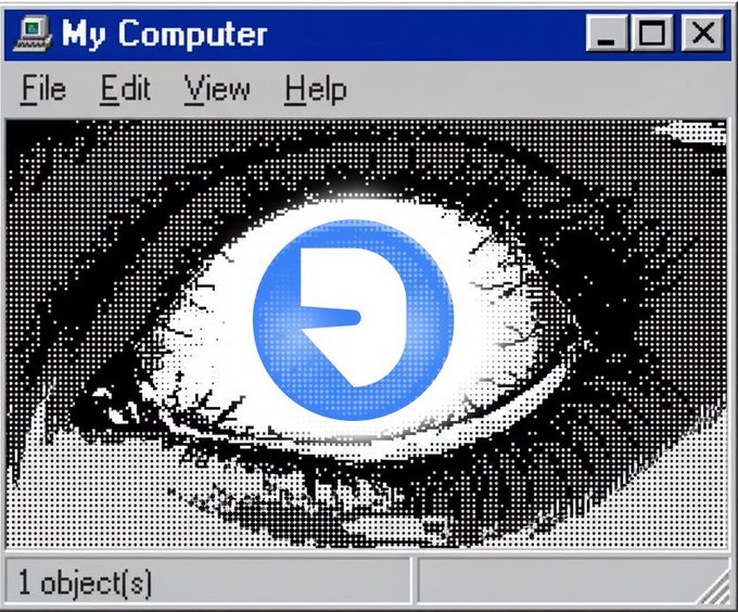 A retro Windows 95 "My Computer" dialog box displays a pixelated eye with a blue "G" (likely the Gnosis chain logo) as the pupil, symbolizing surveillance of perpetrators on the Monad blockchain network. The status bar reads "1 object(s)," hinting at a single miscreator being watched.
