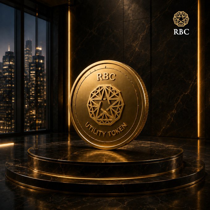 A large gold "RBC Utility Token" coin is displayed on a tiered black marble pedestal in a dimly lit room with a city skyline visible through a window, and the "RBC" logo appears in the upper right corner. The image visually reinforces the post's message by presenting the RBC token as a premium, foundational element that anchors participation, access, and governance within the broader RBC ecosystem.