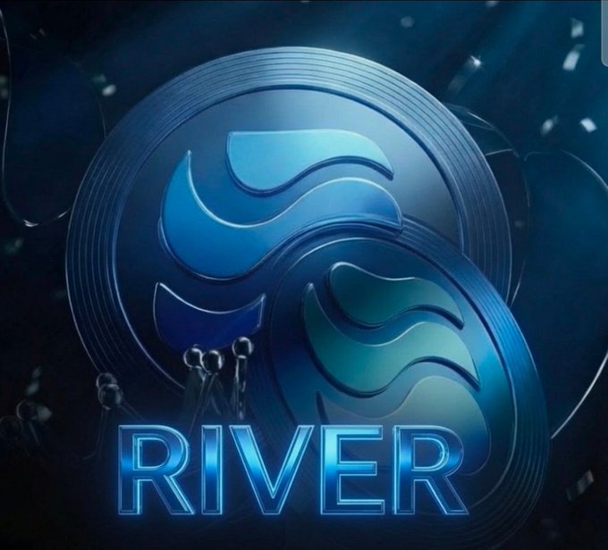 A digital graphic of two metallic blue coins with a wave logo design and the glowing text 'RIVER' at the bottom against a dark background.