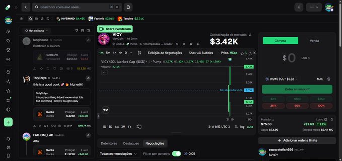A cryptocurrency trading interface in Portuguese showing the VlC token with a price of $3.42K, a market cap of $45.4K, and a recent +3.39% pump.