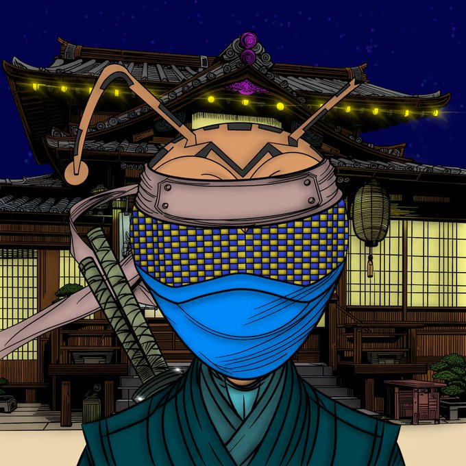 A stylized digital illustration of a ninja character wearing a blue face covering and a yellow and blue checkered headband, standing in front of a traditional Japanese building with paper lanterns.