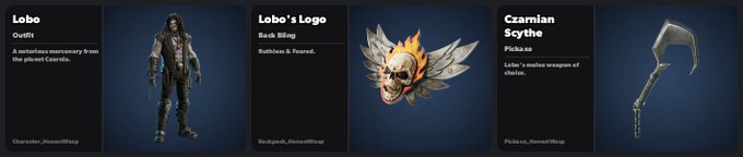 The image showcases three character customization items from Lobo's decrypted data: a "Lobo" outfit described as a "mercenary from the planet Czarnia," a "Lobo's Logo" back bling featuring a "Ruthless & Feared" skull emblem, and a "Czarnian Scythe" pickaxe noted as his "melee weapon of choice." These three items represent the cosmetic rewards available from decrypting Lobo's Fortnite skin files.