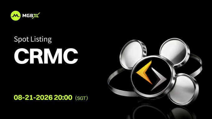 A promotional graphic from MGBX announcing the new spot listing of $CRMC, featuring the exchange's green logo alongside metallic coin imagery and a stylized "C" emblem, with the trading launch date clearly displayed as August 21, 2026, 20:00 (SGT) against a black background.