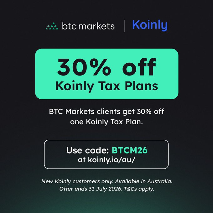 A promotional advertisement showing 'btc markets | Koinly' logos with a green banner offering '30% off Koinly Tax Plans' using code 'BTCM26' at koinly.io/au/, available in Australia until 31 July 2026.