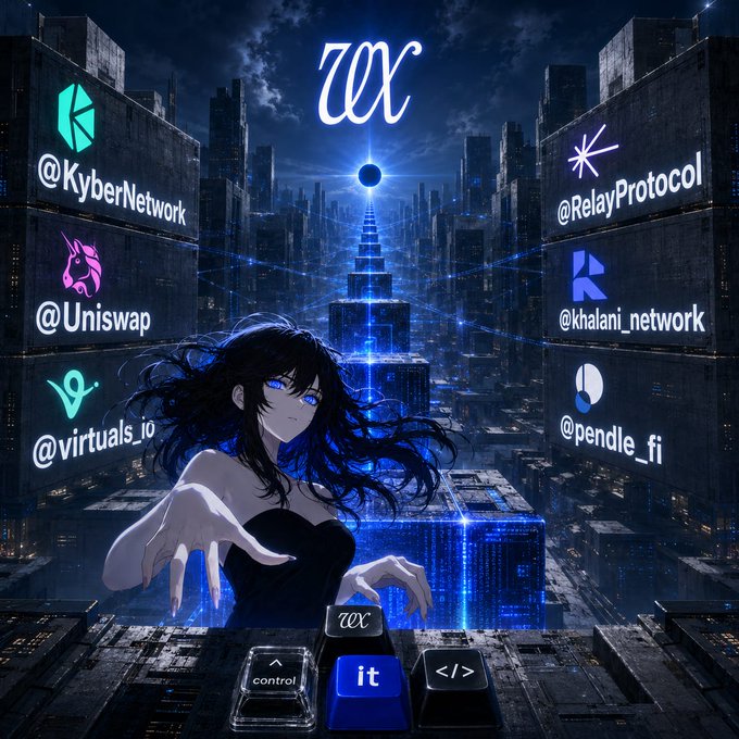 An anime-styled woman in black emerges from a futuristic cyberpunk cityscape beneath a glowing "VEX" logo, with surrounding panels highlighting integrations like @KyberNetwork, @Uniswap, @virtuals_io, @RelayProtocol, @khalani_network, and @pendle_fi—visually reinforcing VEX's claim of real cross-chain utility through Pendle yield and elite routing partners.