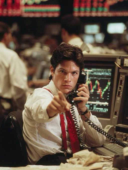 A young trader in a white shirt and red tie sits at a desk covered in cash, holding a phone to his ear while pointing directly at the camera, with stock market charts glowing on his monitor behind him. The image evokes the high-energy, fast-paced world of financial trading, reinforcing the post's claim that MUBITE delivers real, round-the-clock payout confirmations like a professional trading floor where money flows constantly, even on Sundays.