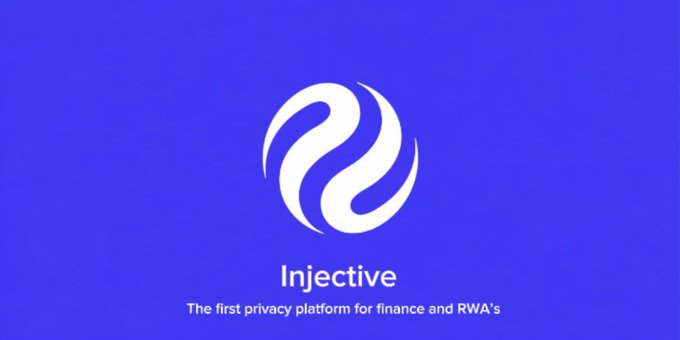 A logo image with blue background displaying the Injective logo and tagline "The first privacy platform for finance and RWA's."