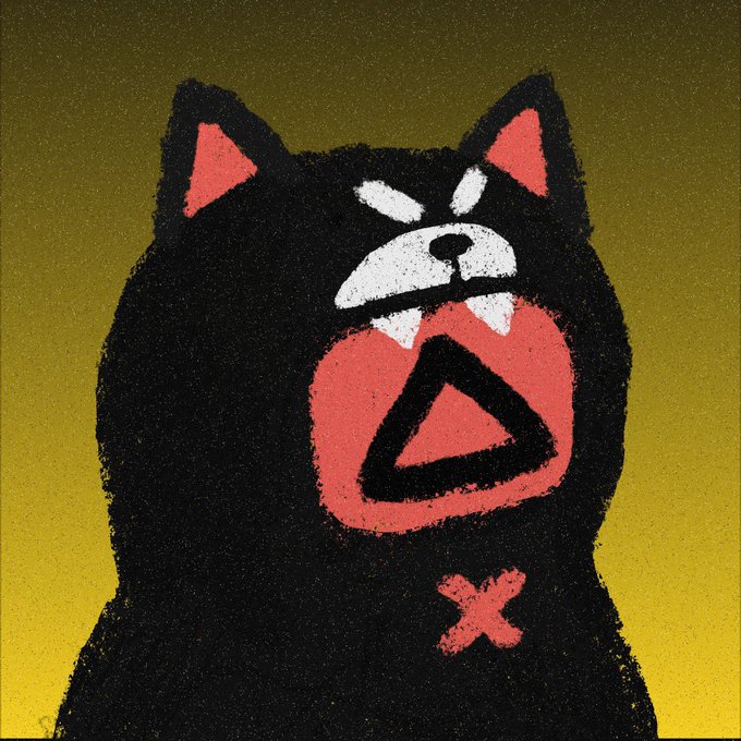 An illustration of a black cat with an angry expression, wide-open mouth showing sharp teeth and a triangular tongue, with red ears and a red X mark on its chest against a yellow-green gradient background.