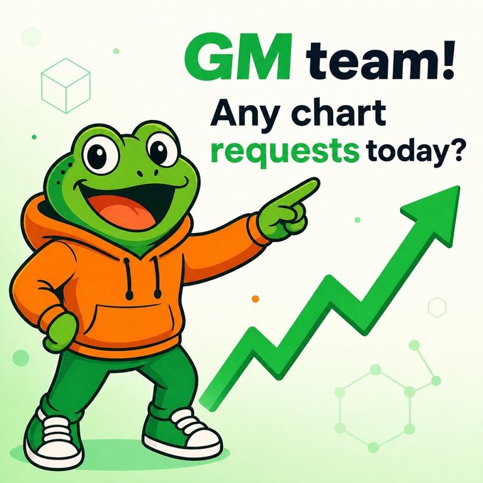 A cartoon frog wearing an orange hoodie points at a rising green arrow with text reading 'GM team! Any chart requests today?'.